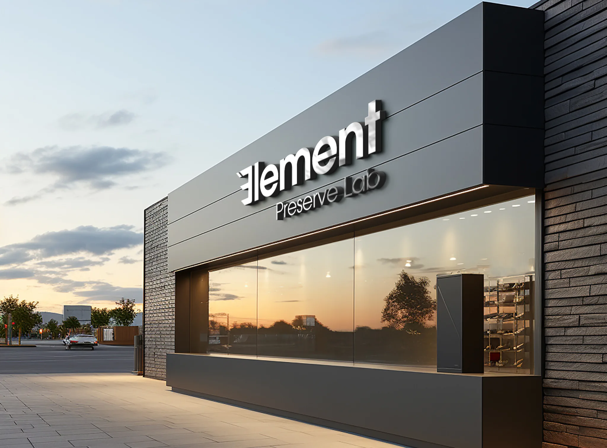 ELEMENT Preserve Lab exterior signage and brand identity mockup